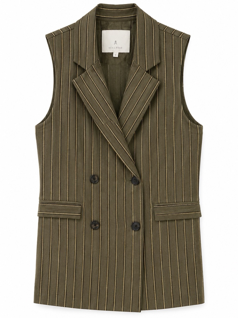 Scalpers Green Metallic Pinstripe Longline Double Breasted Vest Blazer Size S